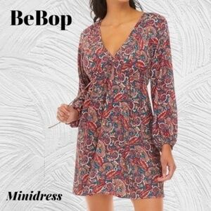 BEBOP Juniors' Long Sleeve Bubble Crepe V-Neck Tie Dress
